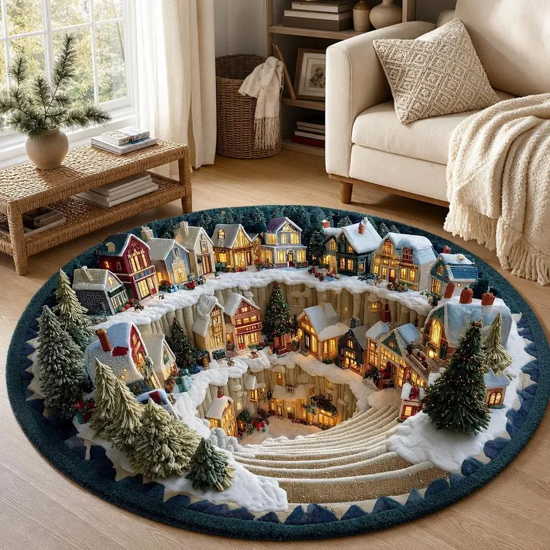 Snow Town Spiral Staircase 3D Round Rug, Christmas Snowy Village Vortex Optical Illusion Floor Mat, Non Slip Xmas Decor, Christmas Gift