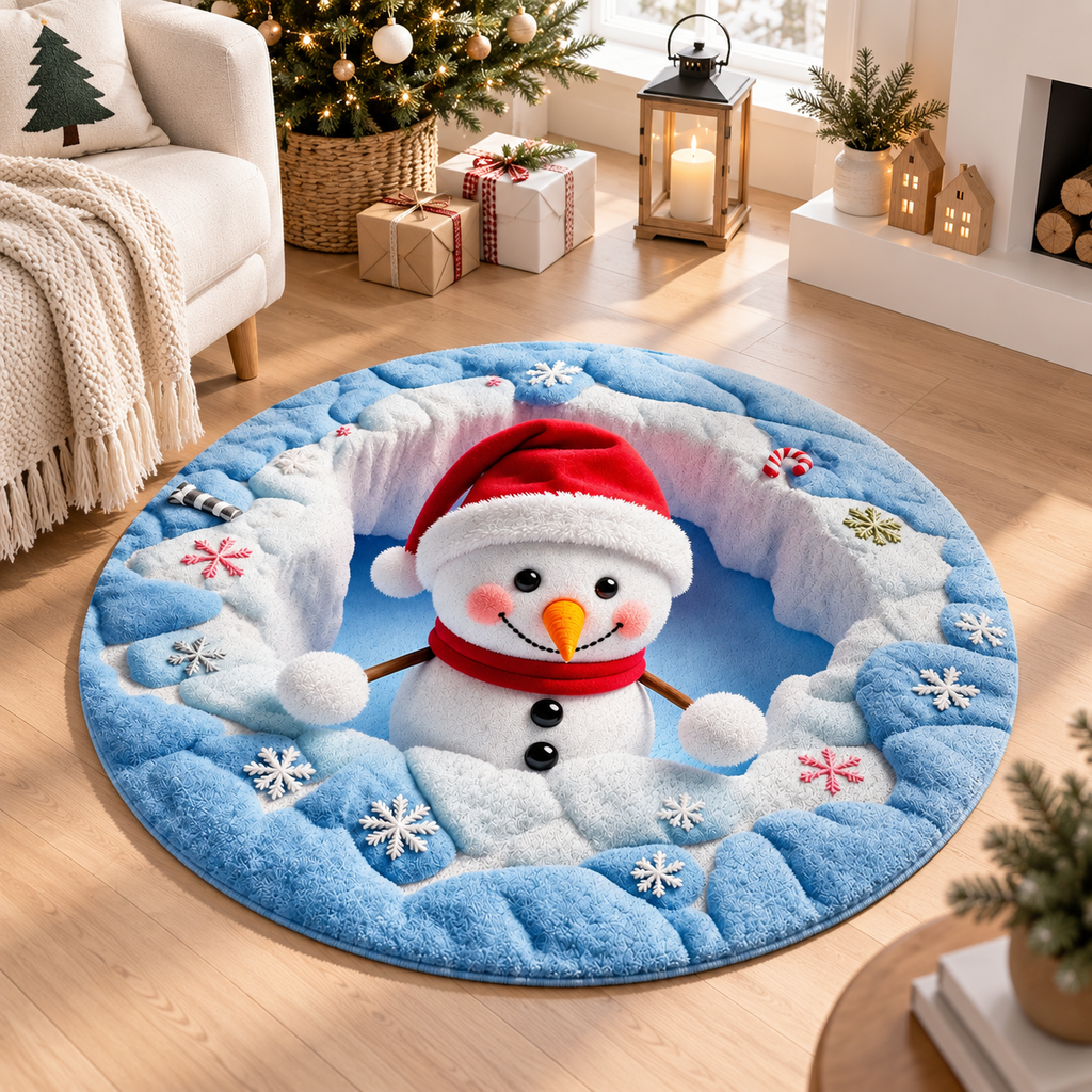 3D Snowman Christmas Quilted Carpet, Winter Snow Round Area Rug, Cute Holiday Floor Mat, Cozy Christmas Home Decor