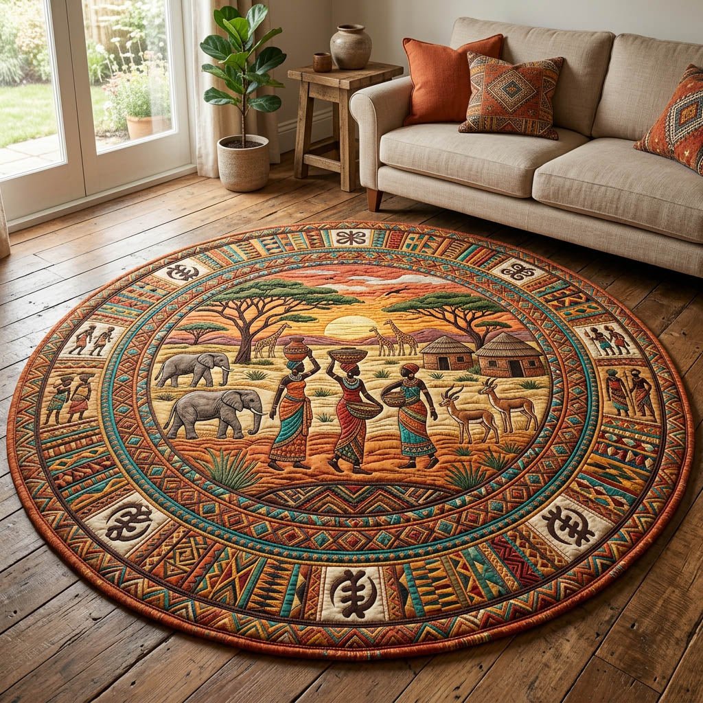 African Heritage Round Mat Rug - Nature Design | Serene Home Decor (Design 7)