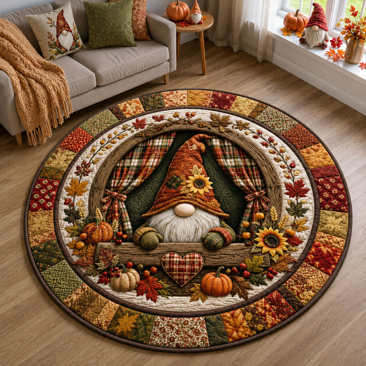 Autumn Gnome Window Round Mat Rug - Nature Design | Serene Home Decor