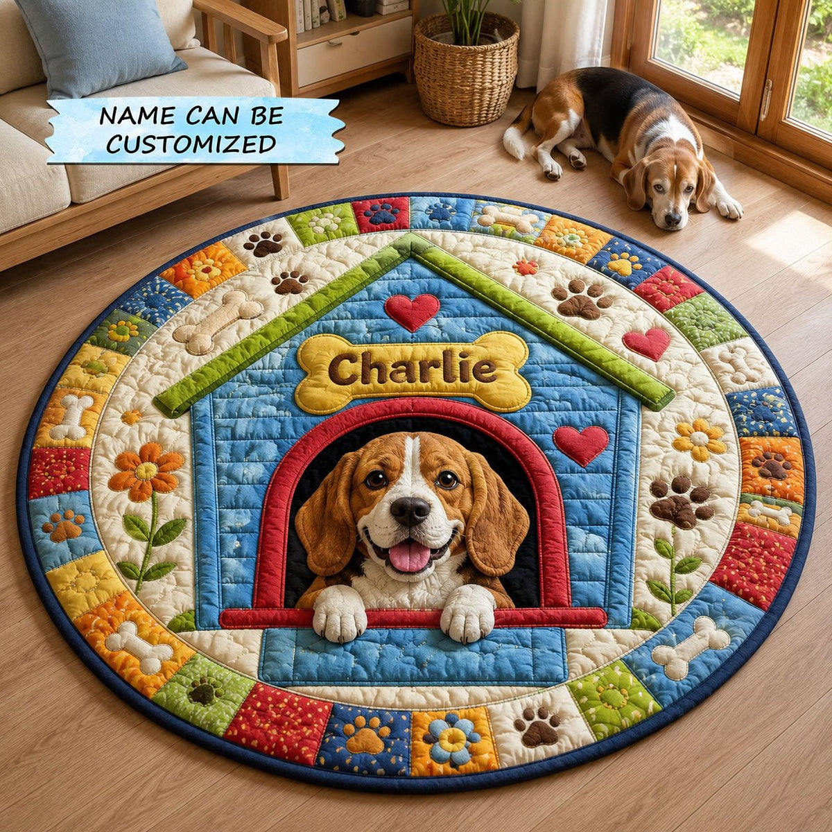 Beagle Happy Doghouse Round Mat Rug - Non-Slip Washable Round Area Rug for Bedroom & Living Room