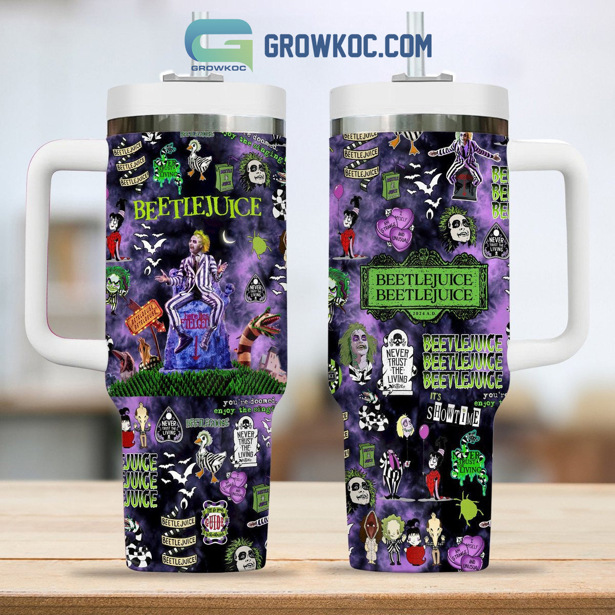 Beetlejuice Never Trust The Living 30oz or 40oz Stainless Steel Tumbler With Handle HG Purple Version