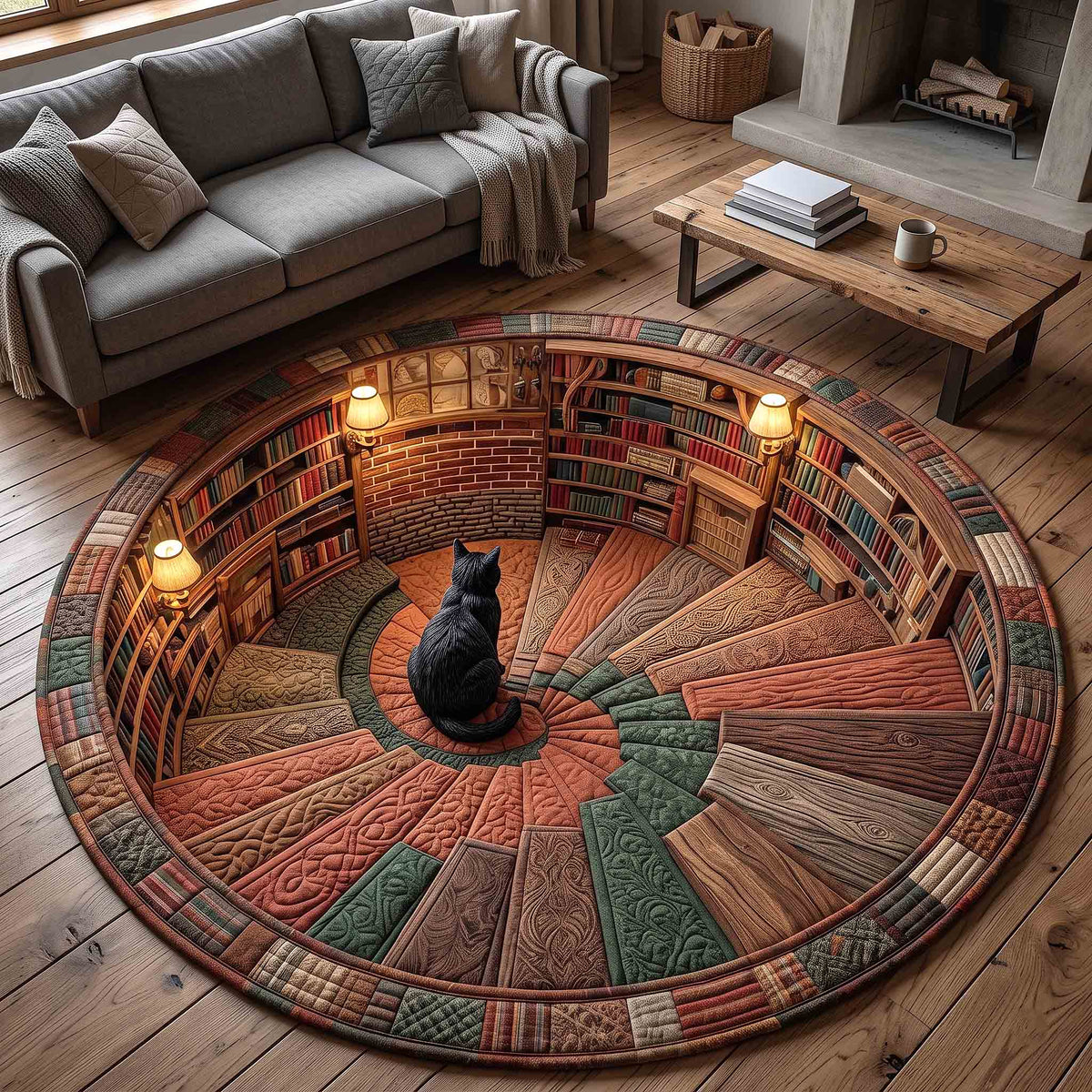 Black Cat Book Nook Round Mat Rug - Cute Animal Design | Charming Home Decor