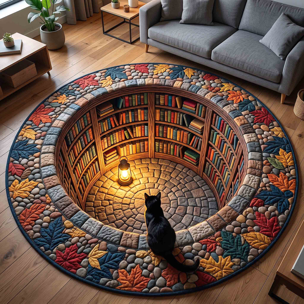 Black Cat Book Nook Round Mat Rug - Cute Animal Design | Cute Animal Round Rug