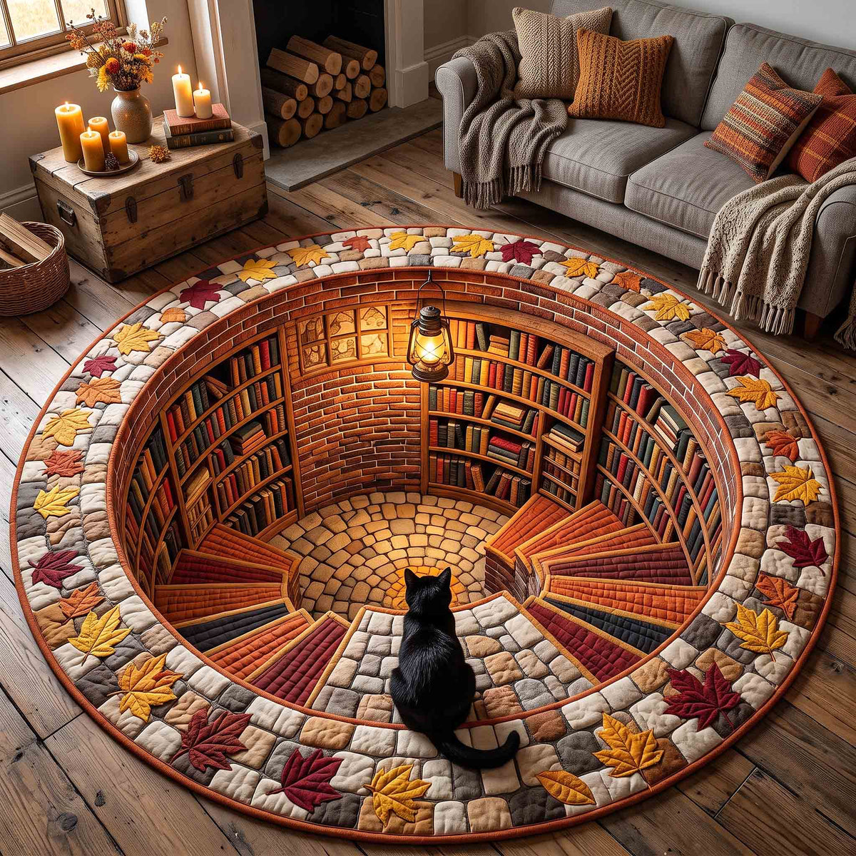 Black Cat Book Nook Round Mat Rug - Cute Animal Design | Cute Animal Round Area Rug