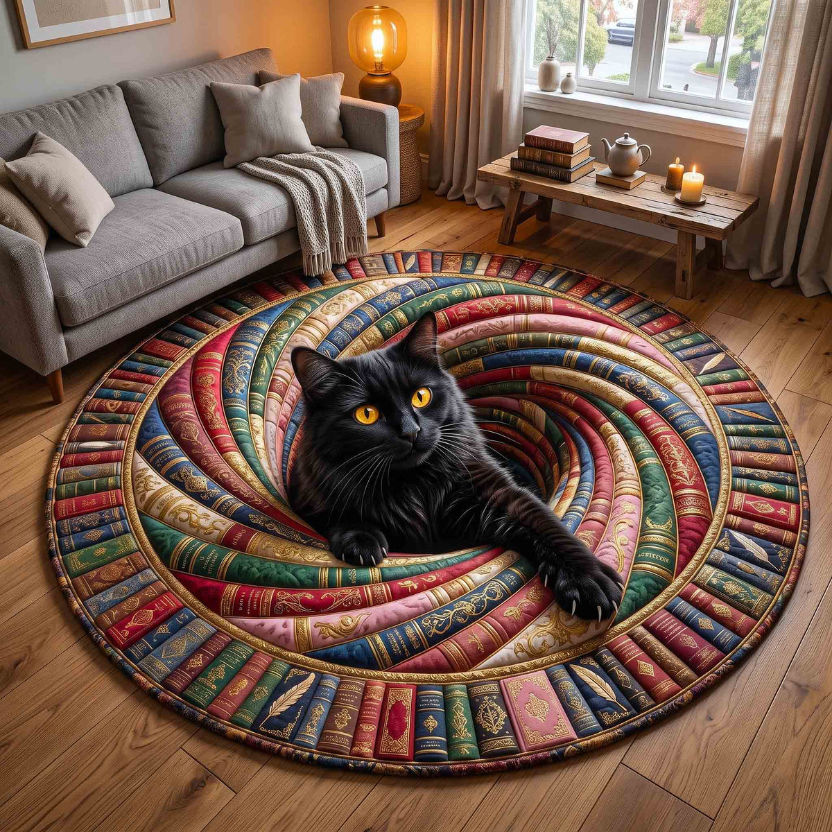 Black Cat Book Nook Round Mat Rug - Cute Animal Design | Cute Animal Round Living Room Rug