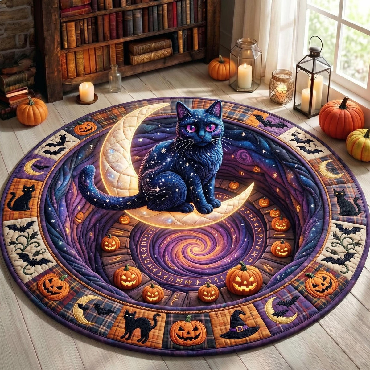 Black Cat Round Mat Rug - Non-Slip Washable Round Area Rug for Bedroom & Living Room (Design 14)