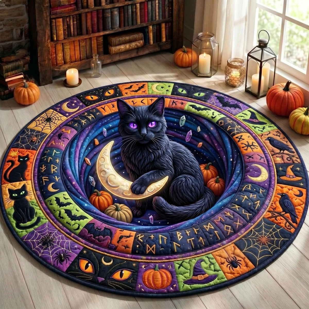 Black Cat Round Mat Rug - Non-Slip Washable Round Area Rug for Bedroom & Living Room (Design 12)