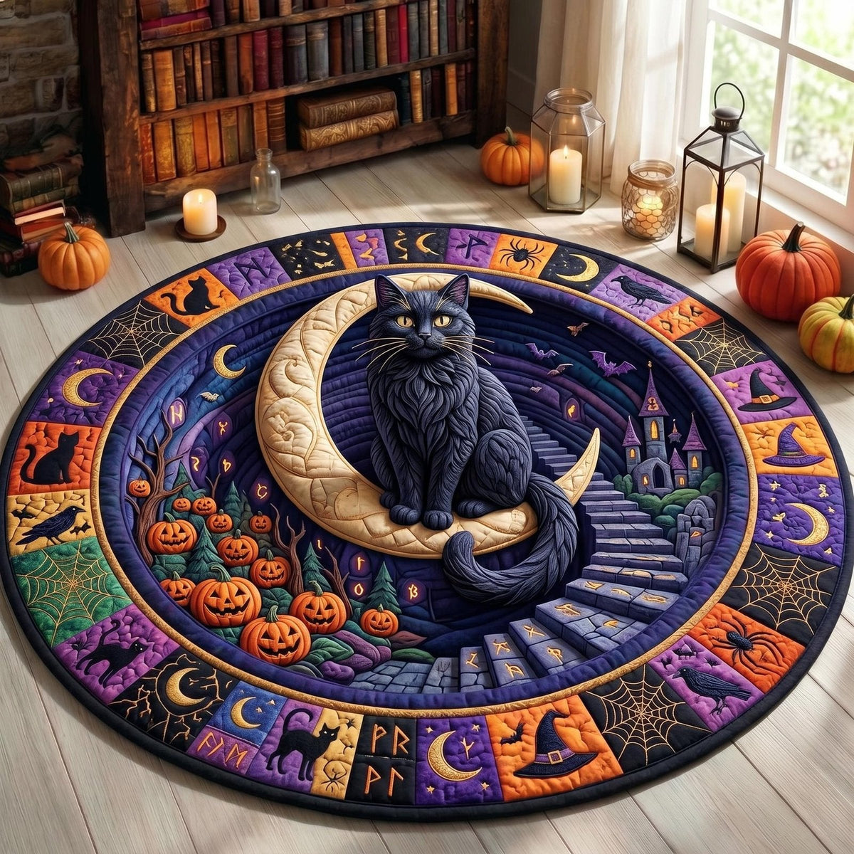 Black Cat Round Mat Rug - Non-Slip Washable Round Area Rug for Bedroom & Living Room (Design 10)