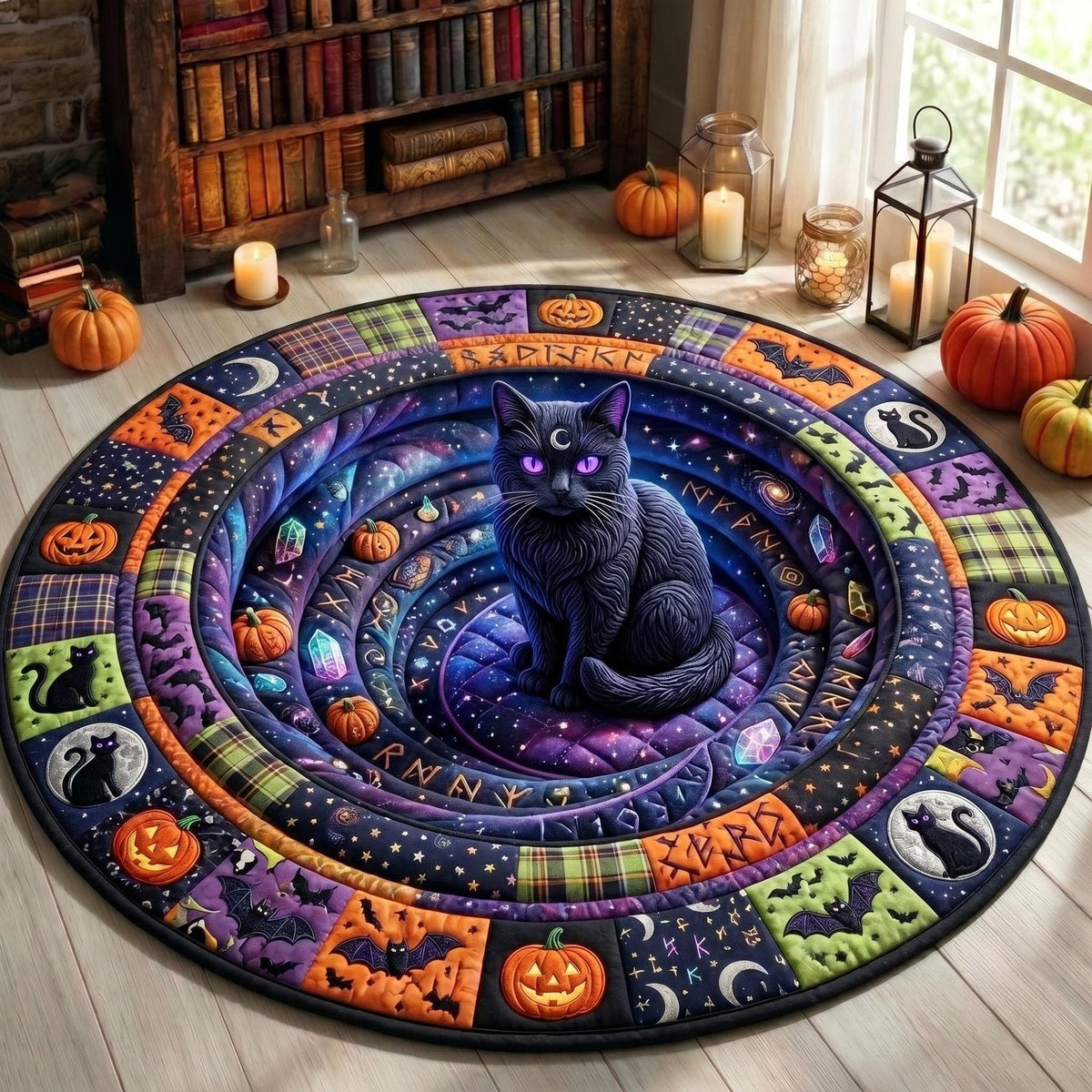 Black Cat Round Mat Rug - Non-Slip Washable Round Area Rug for Bedroom & Living Room (Design 8)