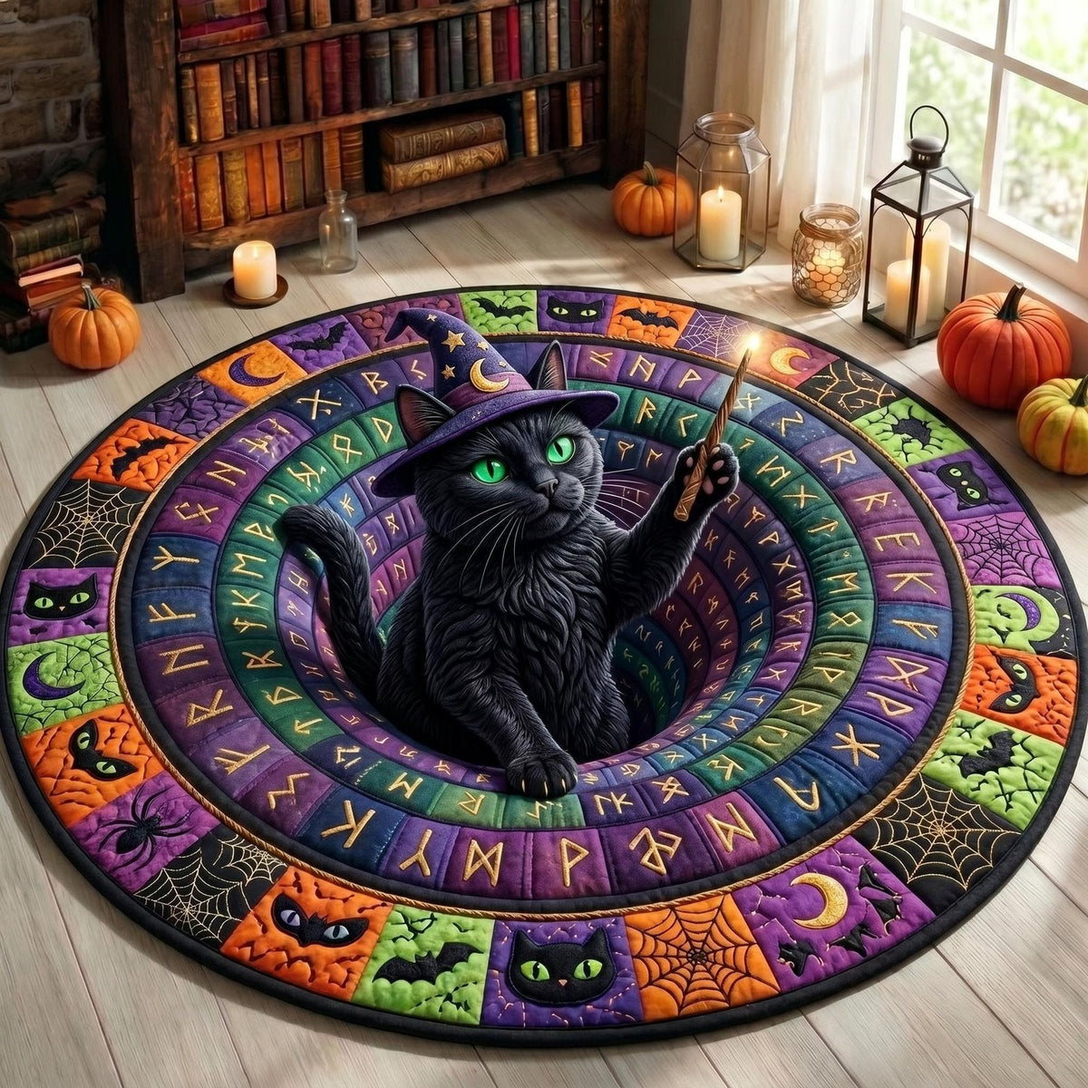 Black Cat Round Mat Rug - Non-Slip Washable Round Area Rug for Bedroom & Living Room (Design 13)