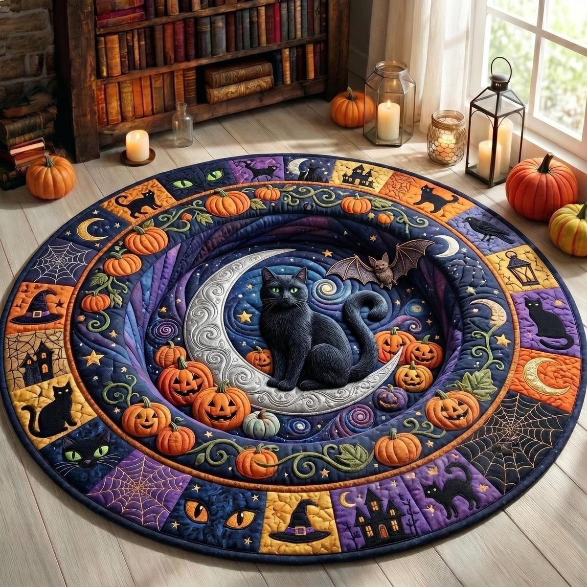 Black Cat Round Mat Rug - Non-Slip Washable Round Area Rug for Bedroom & Living Room (Design 11)