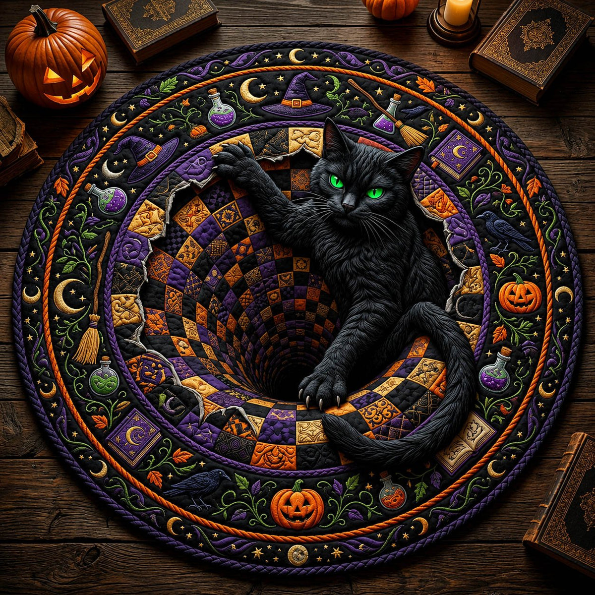 Black Cat Vortex Round Mat Rug - Non-Slip Washable Round Area Rug for Bedroom & Living Room (Design 4)