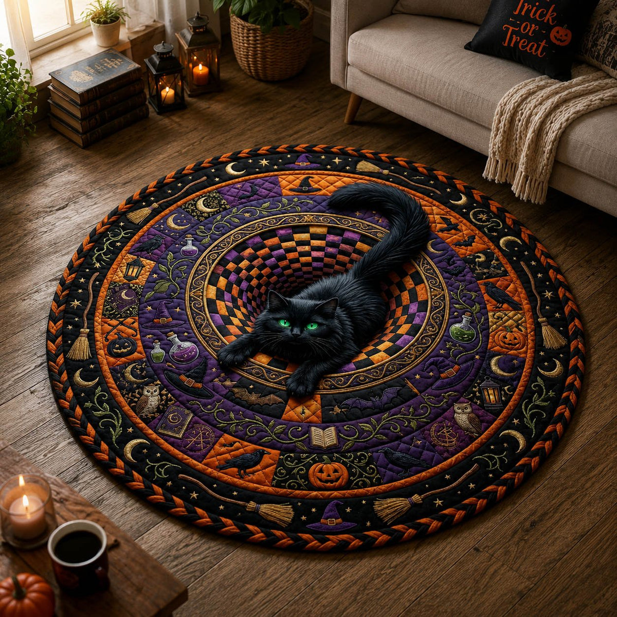 Black Cat Vortex Round Mat Rug - Non-Slip Washable Round Area Rug for Bedroom & Living Room (Design 3)