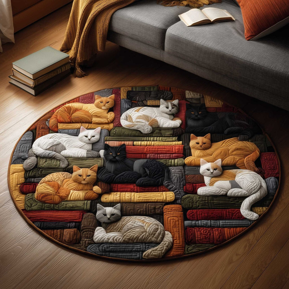 Cat Purrs Round Mat Rug - Non-Slip Washable Round Area Rug for Bedroom & Living Room (Design 8)