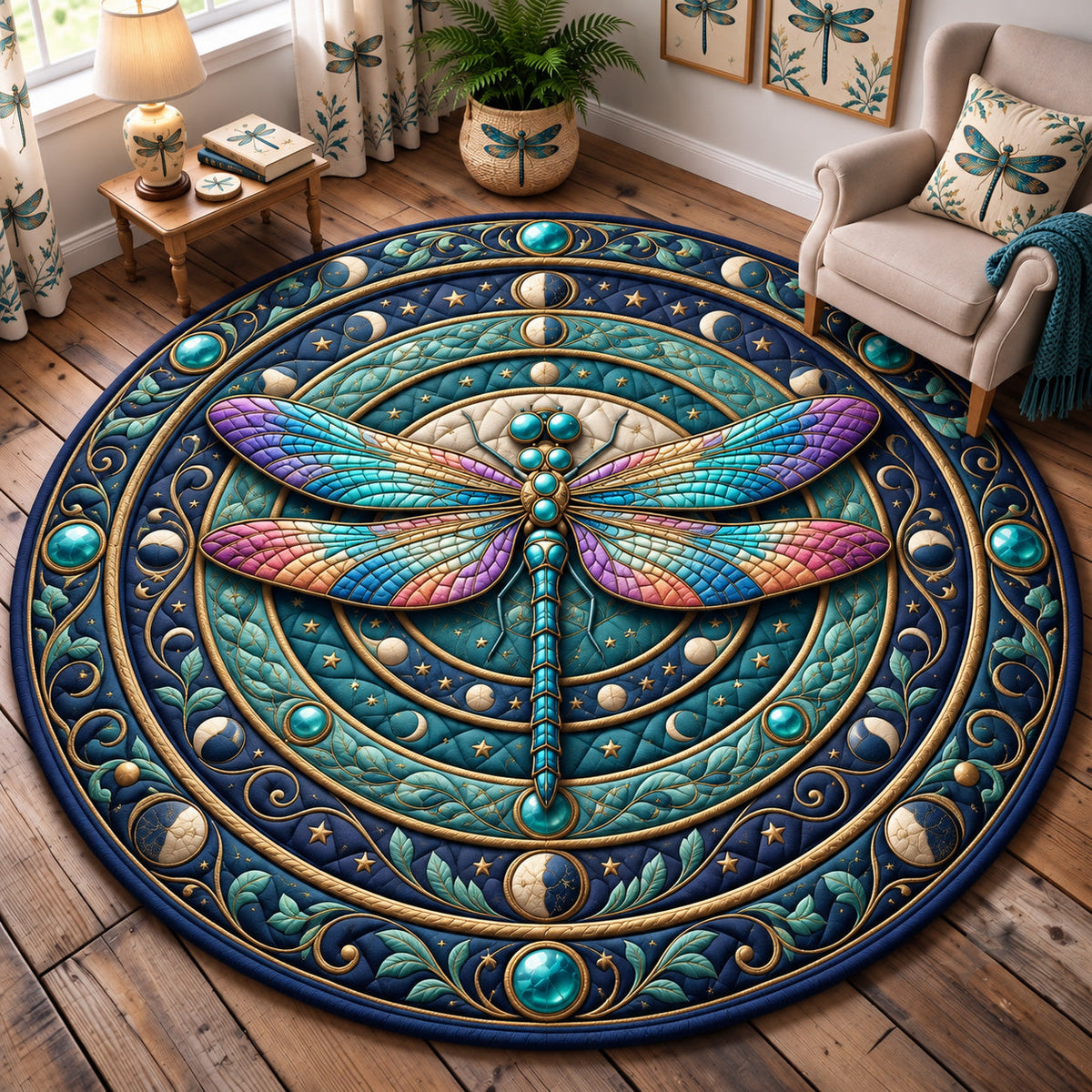 Celestial Dragonfly Round Mat Rug - Cute Animal Design | Charming Home Decor