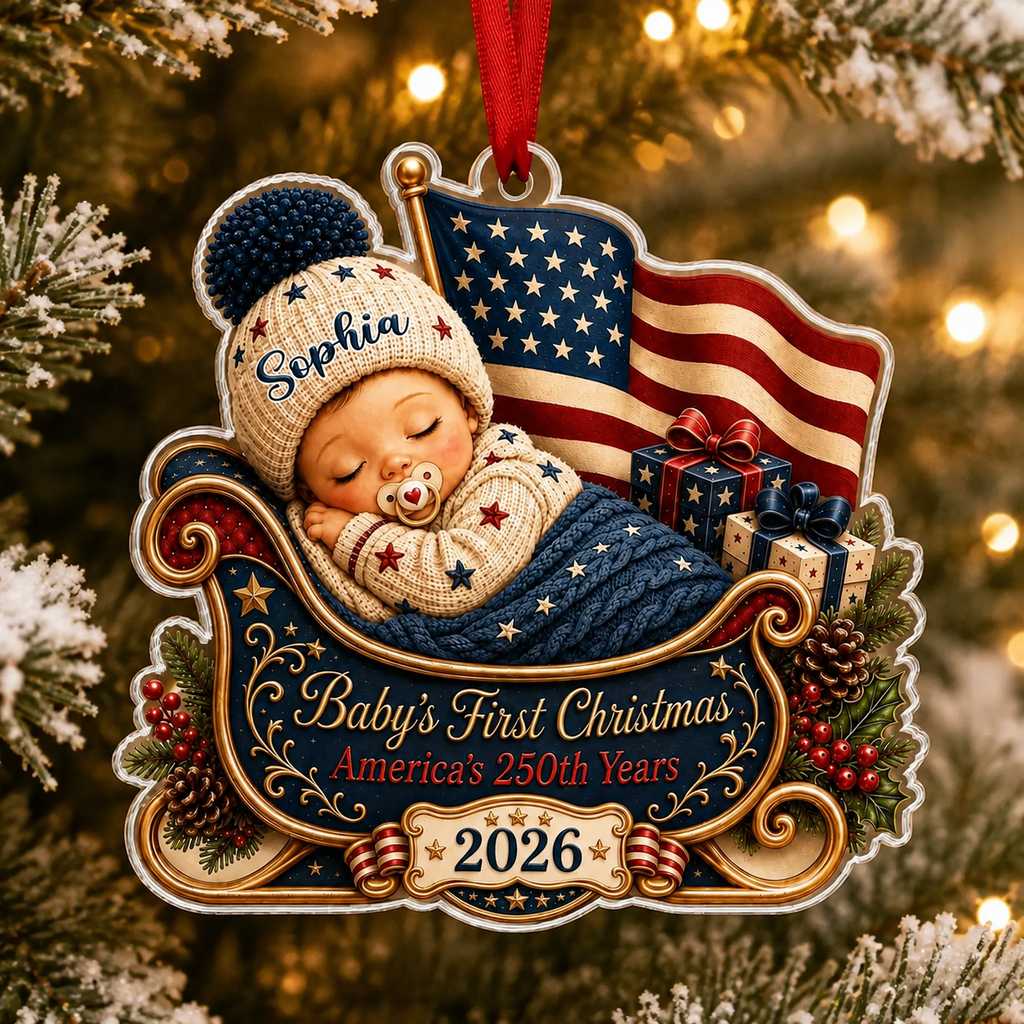 2D Flat Personalized First Christmas 2026 Ornament, America 250th Anniversary Ornament, Newborn Keepsake, New Baby Ornament, Patriotic Ornament