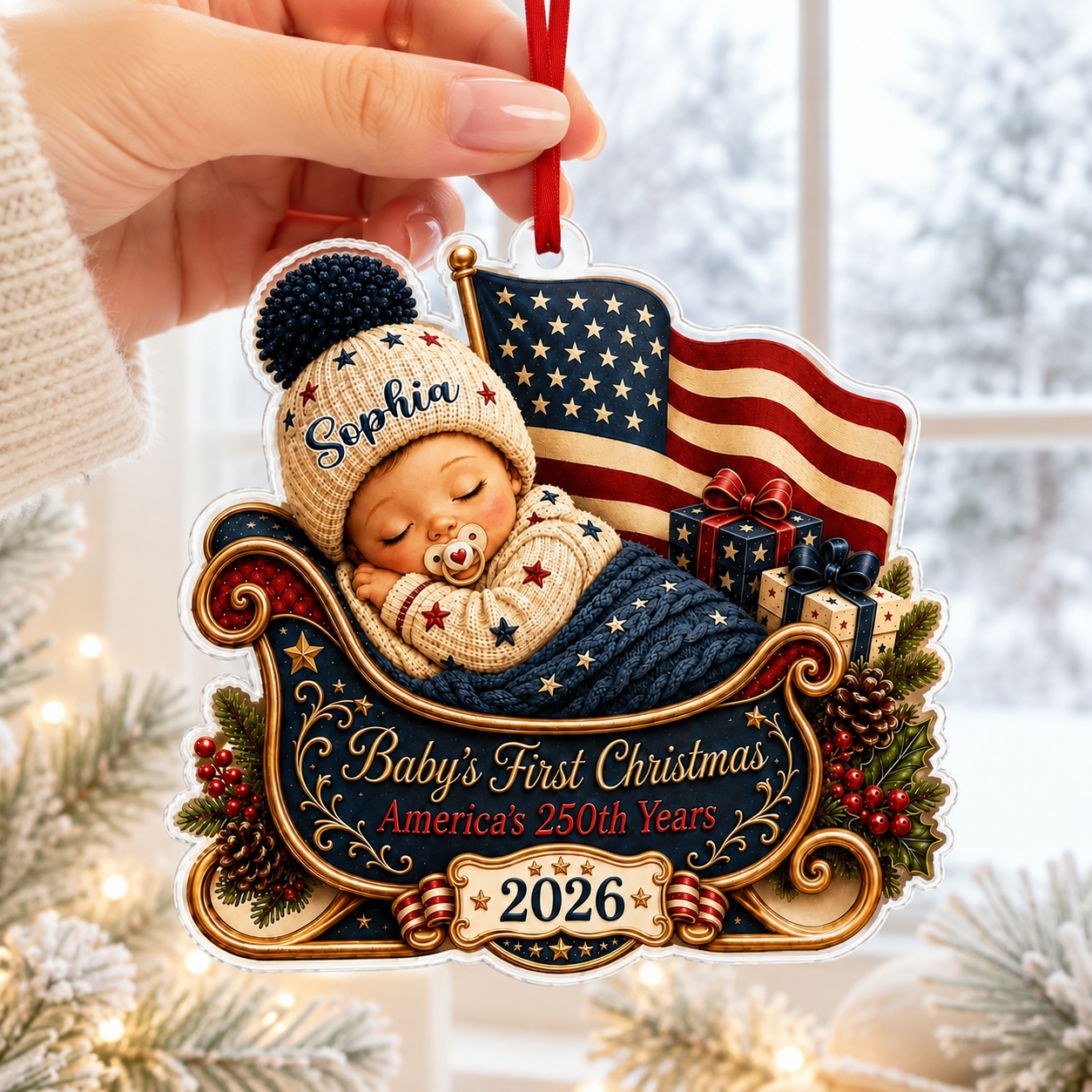 2D Flat Personalized First Christmas 2026 Ornament, America 250th Anniversary Ornament, Newborn Keepsake, New Baby Ornament, Patriotic Ornament