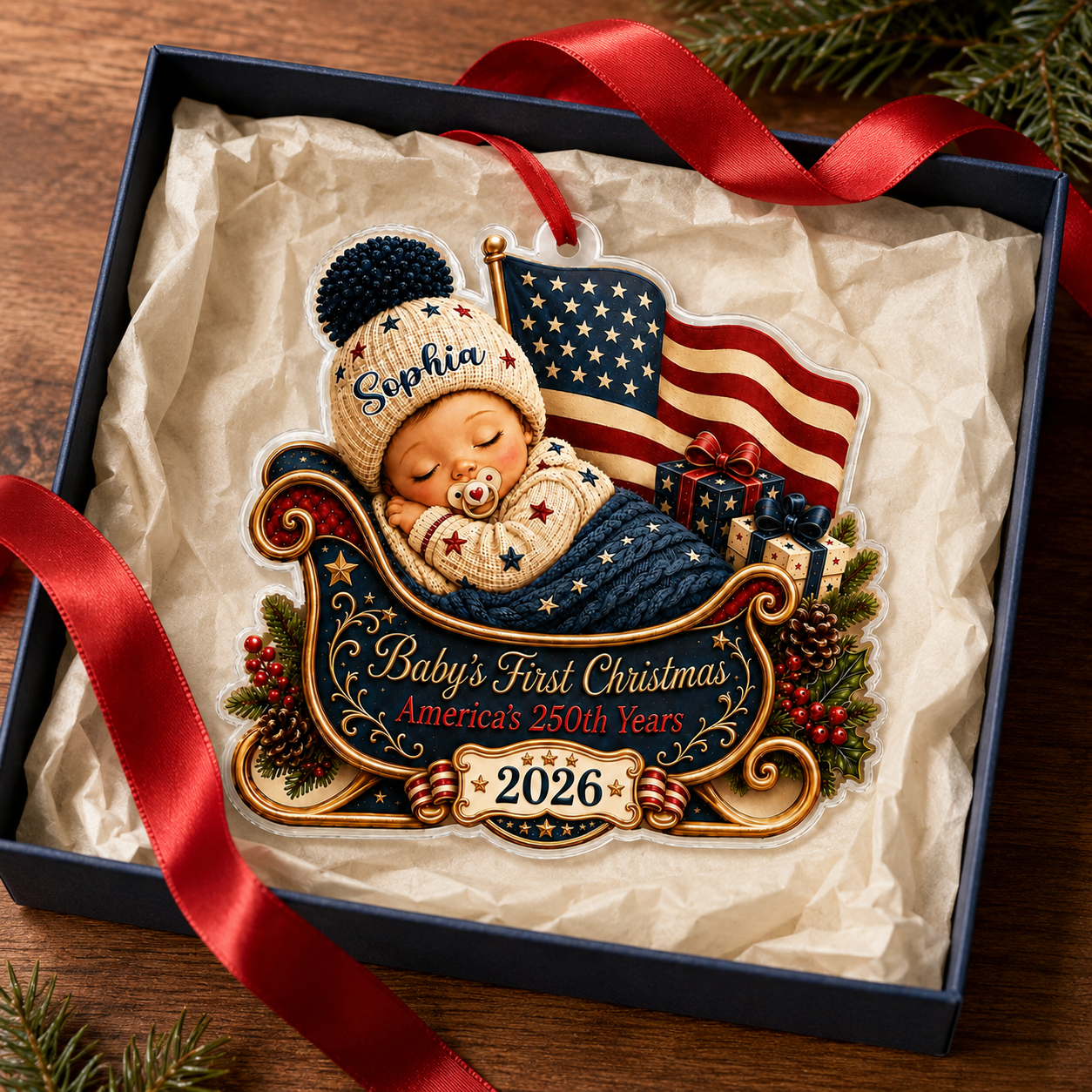 2D Flat Personalized First Christmas 2026 Ornament, America 250th Anniversary Ornament, Newborn Keepsake, New Baby Ornament, Patriotic Ornament