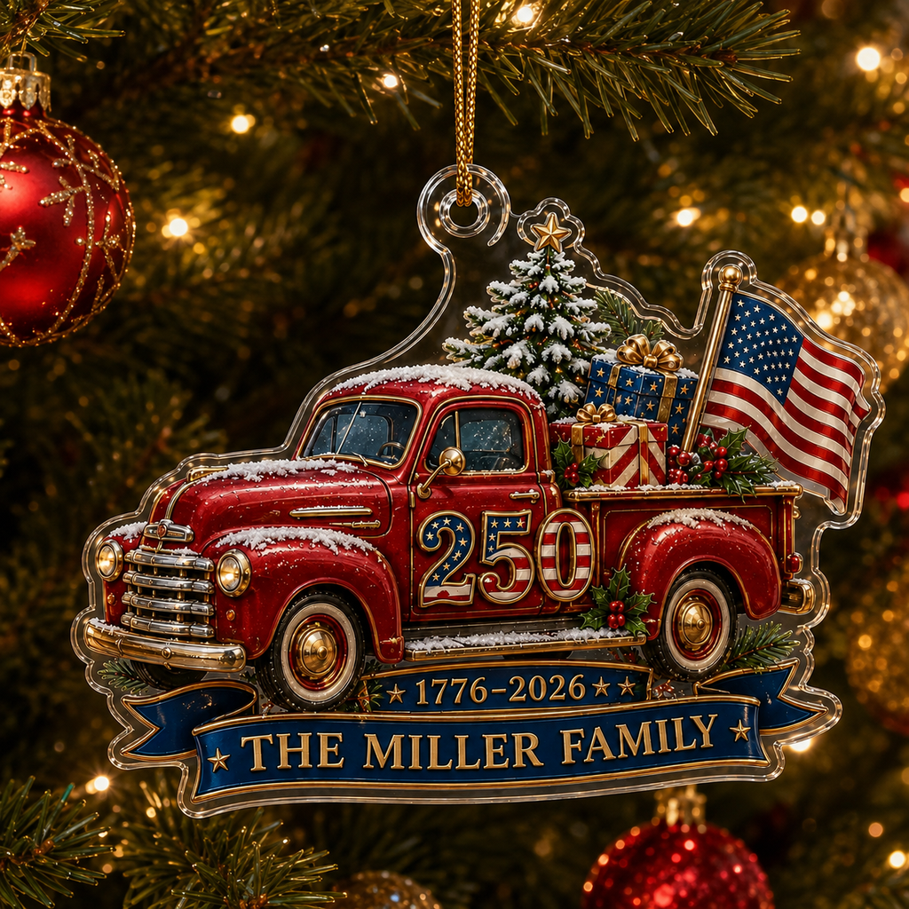 Personalized Family Name 250th Anniversary Christmas Ornament, 1776–2026 Patriotic American Truck Custom Acrylic Ornament