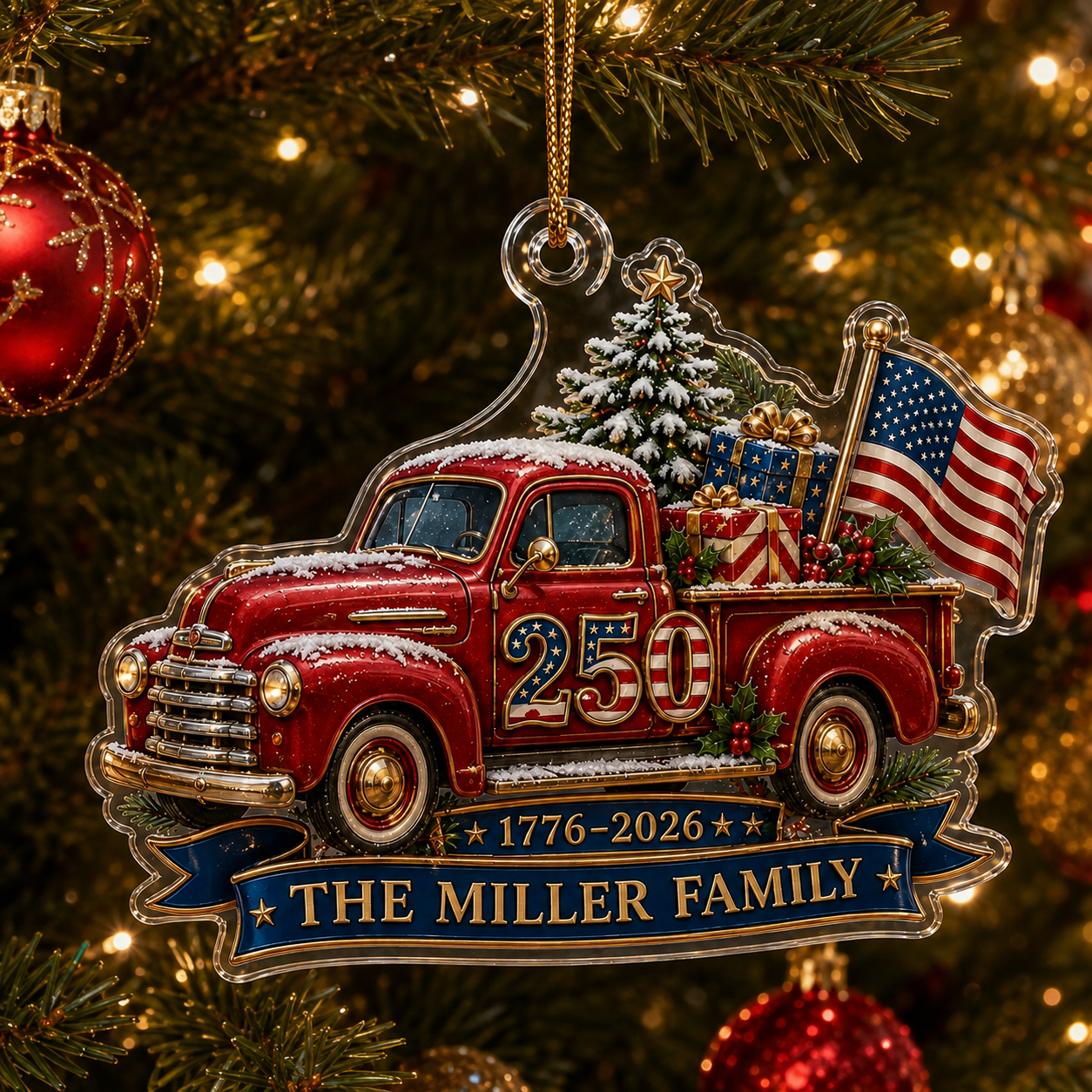 Personalized Family Name 250th Anniversary Christmas Ornament, 1776–2026 Patriotic American Truck Custom Acrylic Ornament