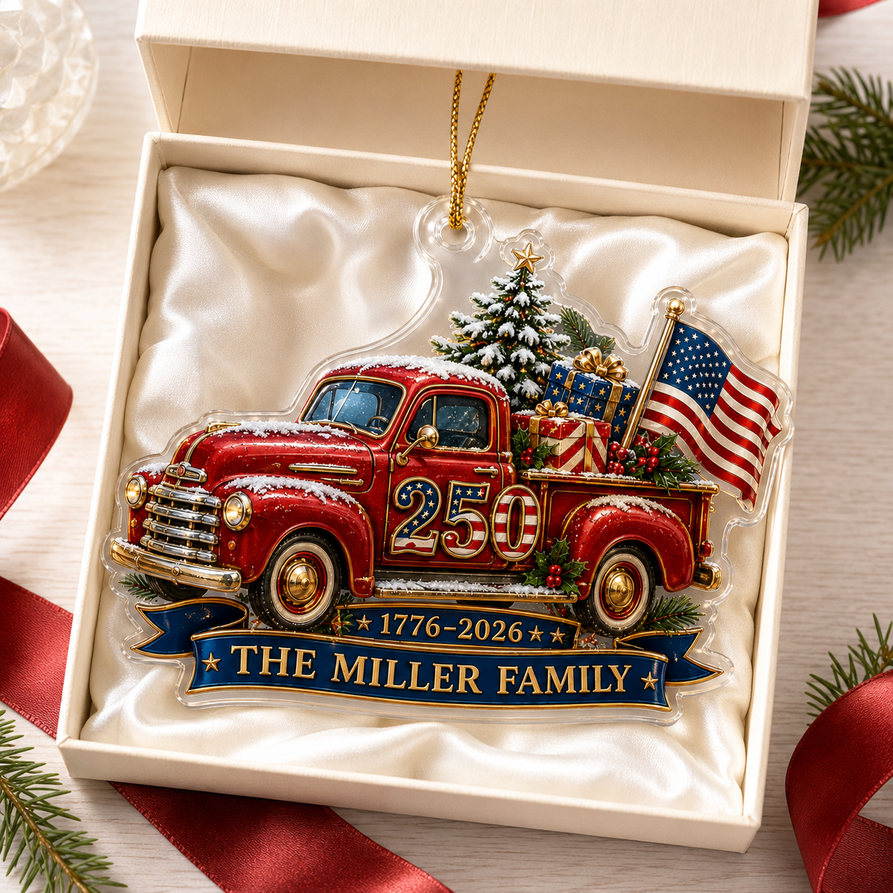 Personalized Family Name 250th Anniversary Christmas Ornament, 1776–2026 Patriotic American Truck Custom Acrylic Ornament
