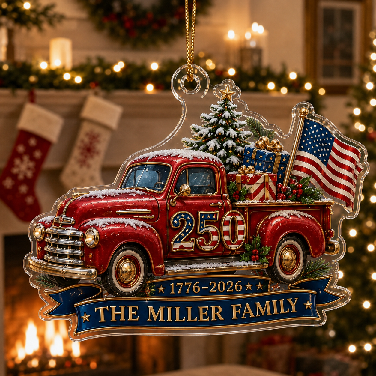 Personalized Family Name 250th Anniversary Christmas Ornament, 1776–2026 Patriotic American Truck Custom Acrylic Ornament