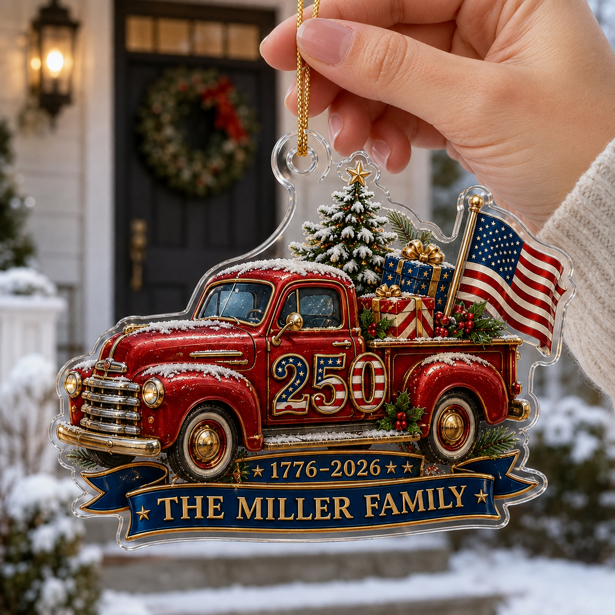 Personalized Family Name 250th Anniversary Christmas Ornament, 1776–2026 Patriotic American Truck Custom Acrylic Ornament
