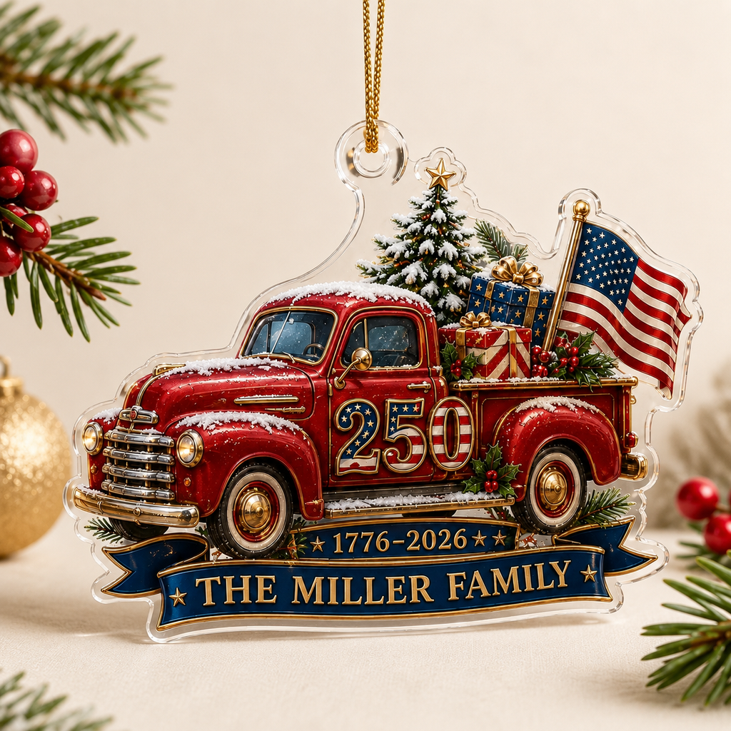 Personalized Family Name 250th Anniversary Christmas Ornament, 1776–2026 Patriotic American Truck Custom Acrylic Ornament
