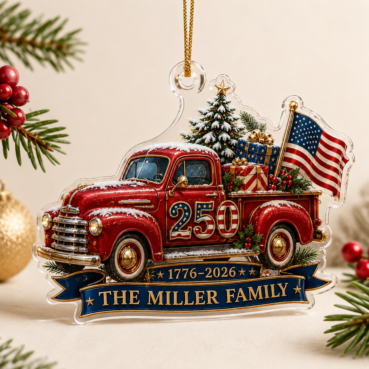 Personalized Family Name 250th Anniversary Christmas Ornament, 1776–2026 Patriotic American Truck Custom Acrylic Ornament