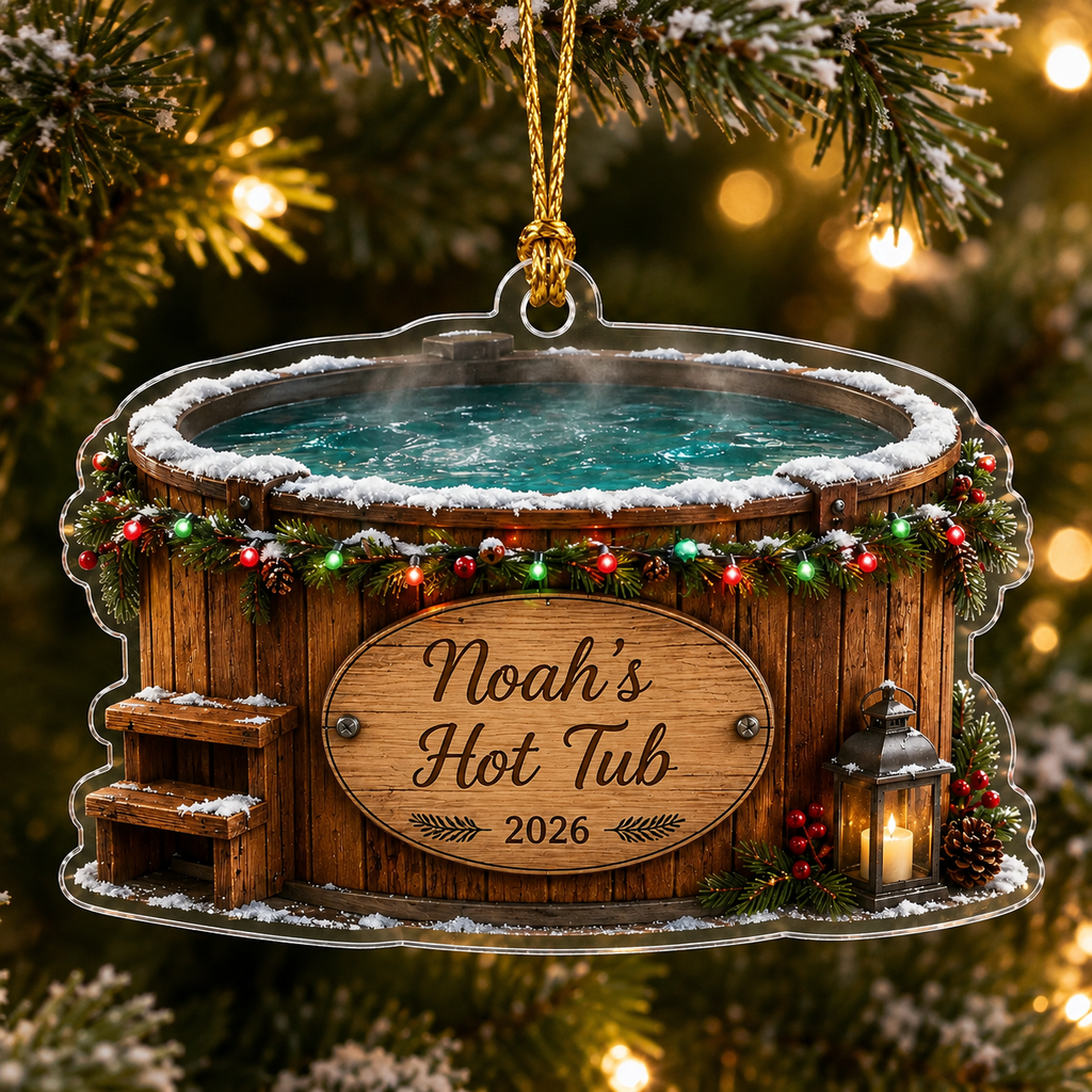 2D Flat Personalized Hot Tub Christmas Ornament, Custom Name and Year Acrylic Ornament, Winter Cabin Spa Gift, Hot Tub Owner Keepsake 2026