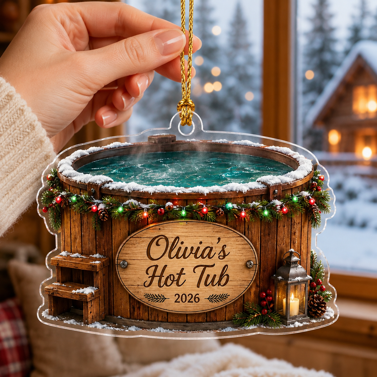 2D Flat Personalized Hot Tub Christmas Ornament, Custom Name and Year Acrylic Ornament, Winter Cabin Spa Gift, Hot Tub Owner Keepsake 2026