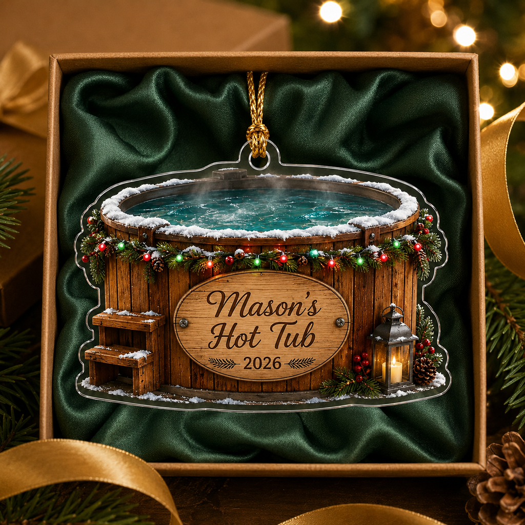 2D Flat Personalized Hot Tub Christmas Ornament, Custom Name and Year Acrylic Ornament, Winter Cabin Spa Gift, Hot Tub Owner Keepsake 2026