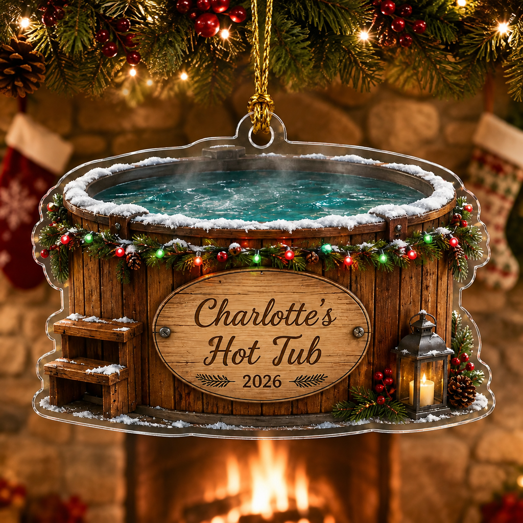 2D Flat Personalized Hot Tub Christmas Ornament, Custom Name and Year Acrylic Ornament, Winter Cabin Spa Gift, Hot Tub Owner Keepsake 2026