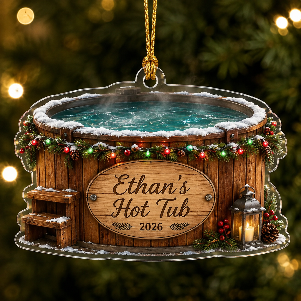 2D Flat Personalized Hot Tub Christmas Ornament, Custom Name and Year Acrylic Ornament, Winter Cabin Spa Gift, Hot Tub Owner Keepsake 2026