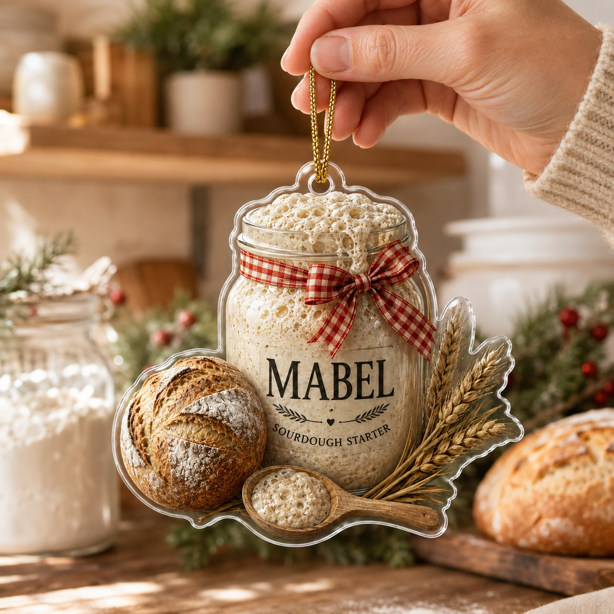Personalized Sourdough Starter Ornament, Custom Bread Baker Gift, Sourdough Bread Loaf Keepsake,Foodie Christmas Decor, Kitchen Holiday Gift