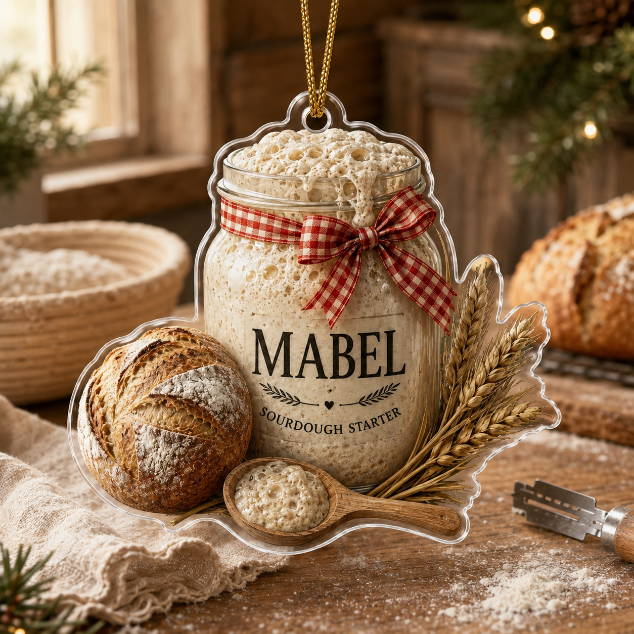 Personalized Sourdough Starter Ornament, Custom Bread Baker Gift, Sourdough Bread Loaf Keepsake,Foodie Christmas Decor, Kitchen Holiday Gift