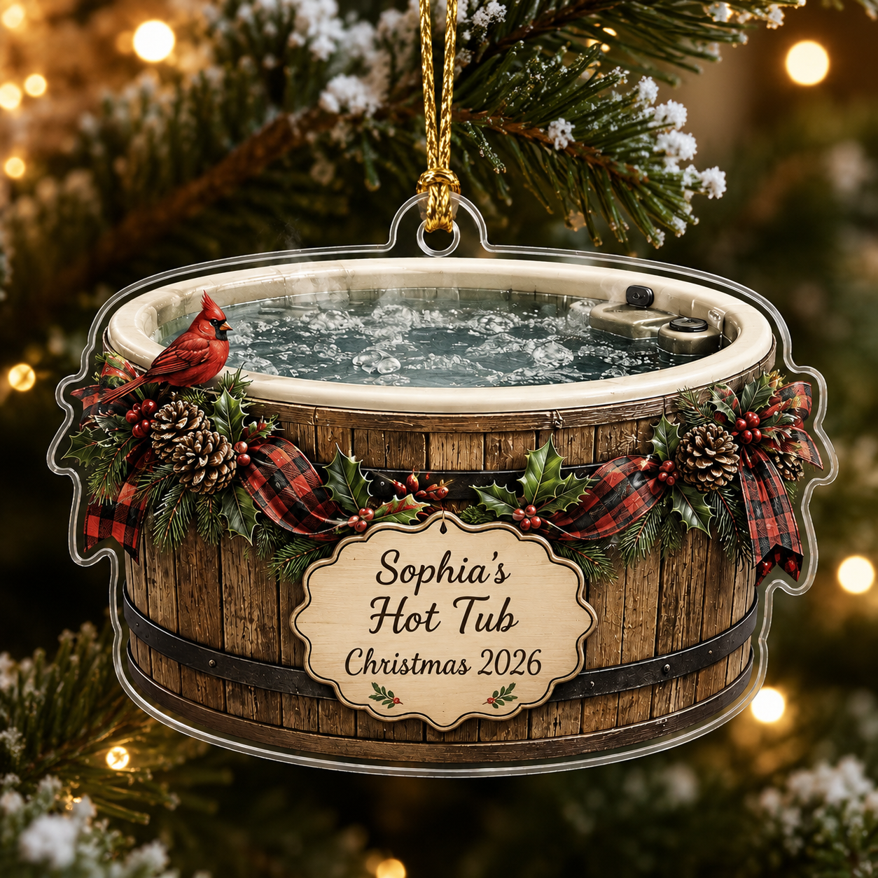 2D Flat Personalized Hot Tub Christmas Ornament, Custom Name and Year Acrylic Ornament, Cardinal Winter Spa Gift, Hot Tub Owner Keepsake 2026