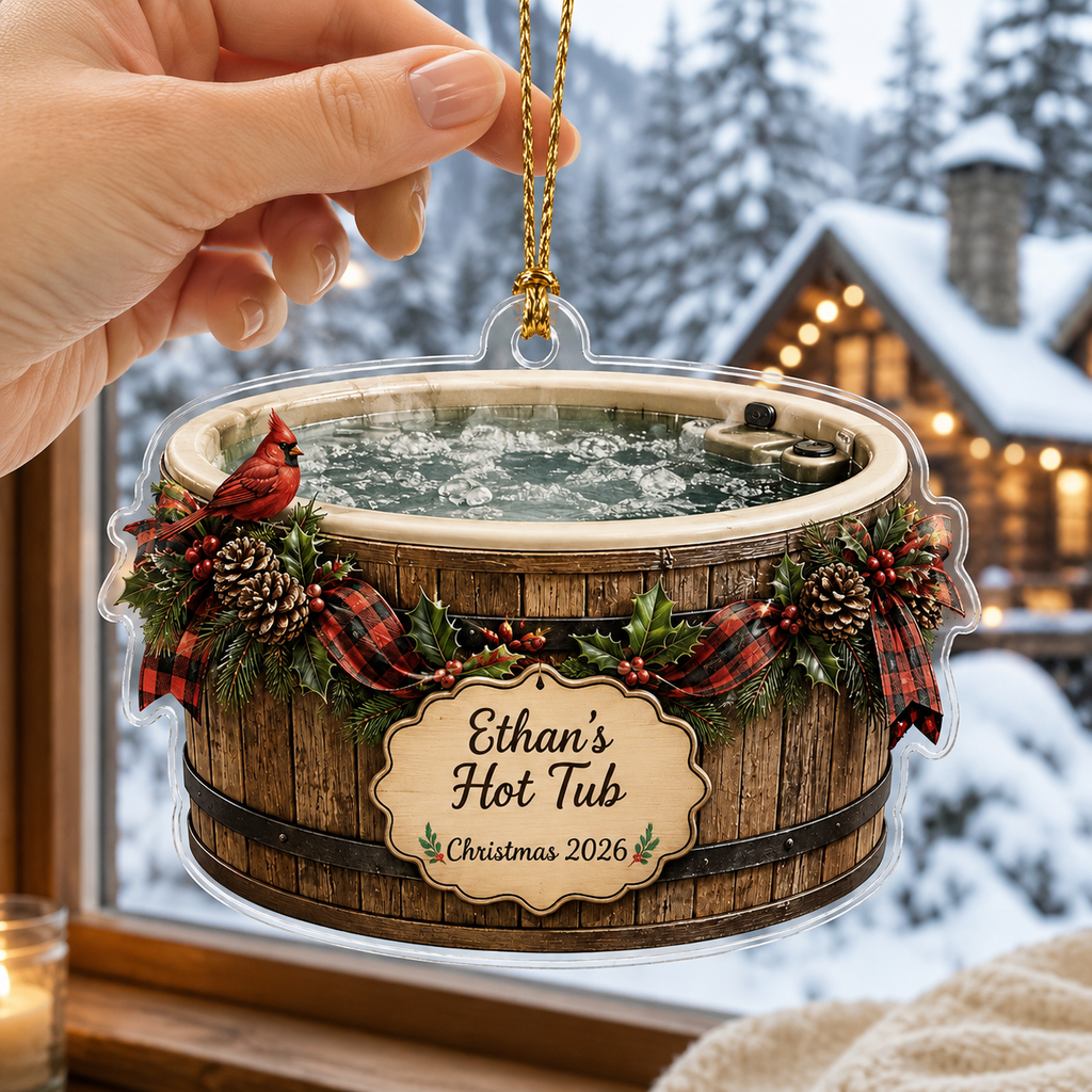2D Flat Personalized Hot Tub Christmas Ornament, Custom Name and Year Acrylic Ornament, Cardinal Winter Spa Gift, Hot Tub Owner Keepsake 2026