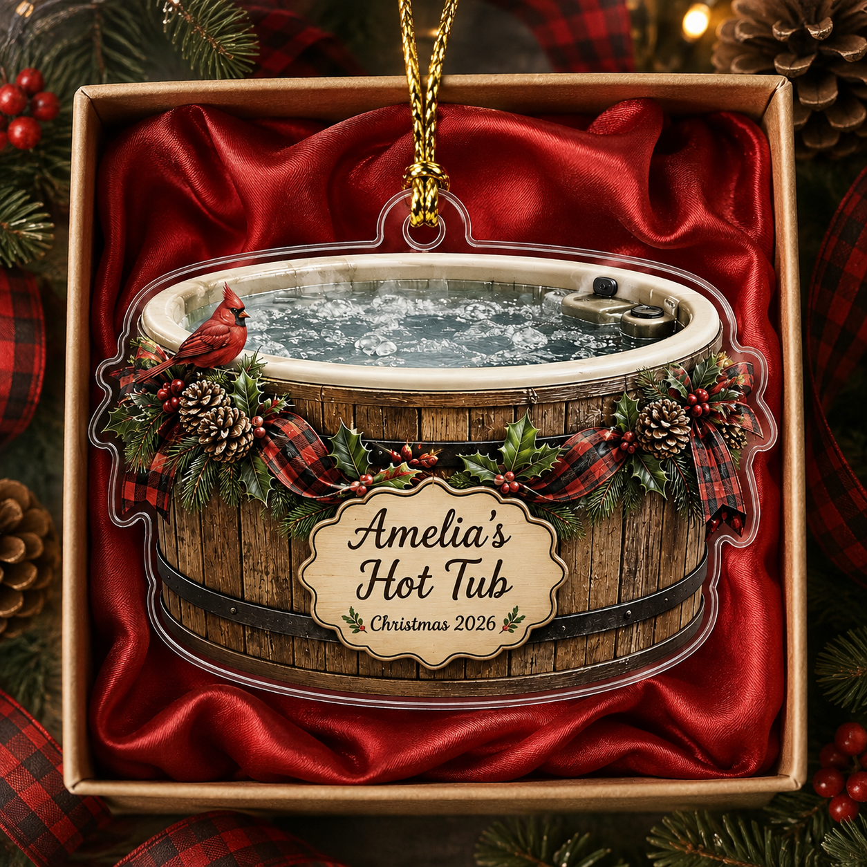 2D Flat Personalized Hot Tub Christmas Ornament, Custom Name and Year Acrylic Ornament, Cardinal Winter Spa Gift, Hot Tub Owner Keepsake 2026