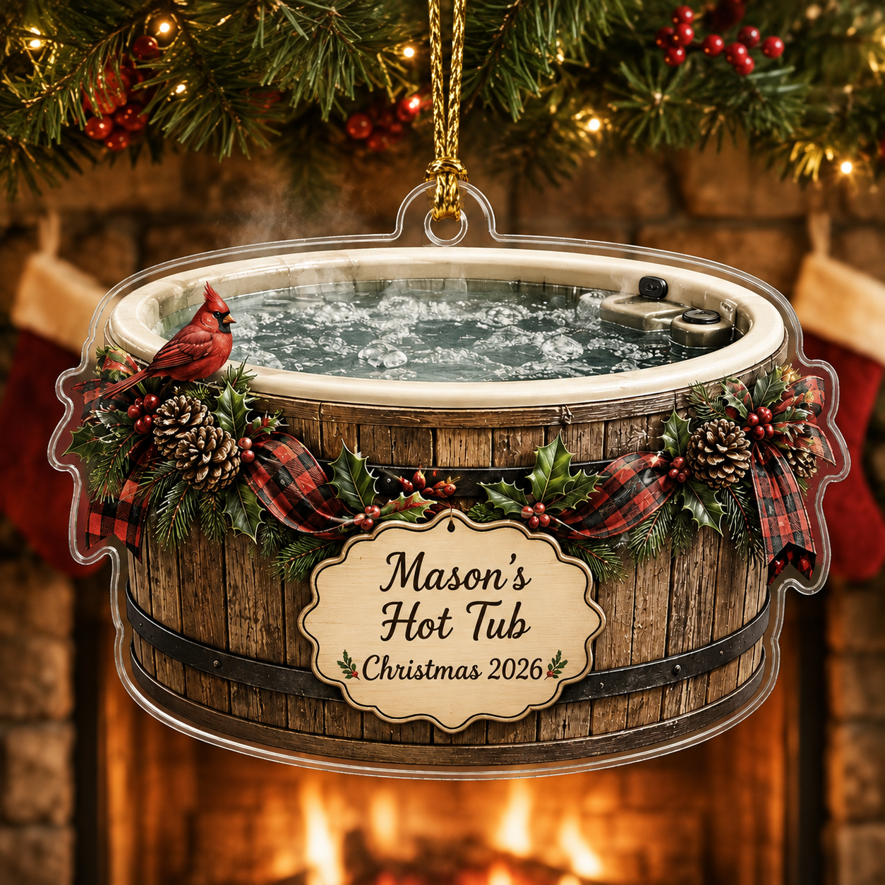 2D Flat Personalized Hot Tub Christmas Ornament, Custom Name and Year Acrylic Ornament, Cardinal Winter Spa Gift, Hot Tub Owner Keepsake 2026