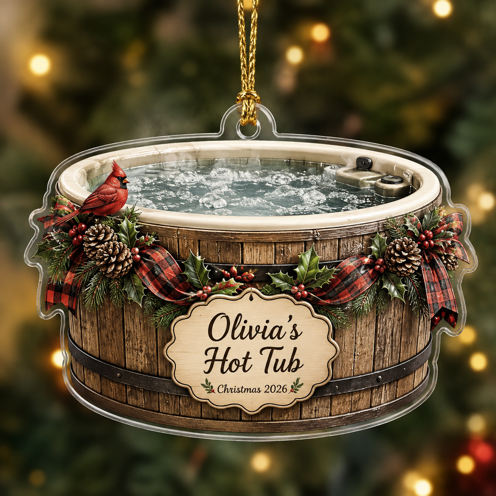 2D Flat Personalized Hot Tub Christmas Ornament, Custom Name and Year Acrylic Ornament, Cardinal Winter Spa Gift, Hot Tub Owner Keepsake 2026