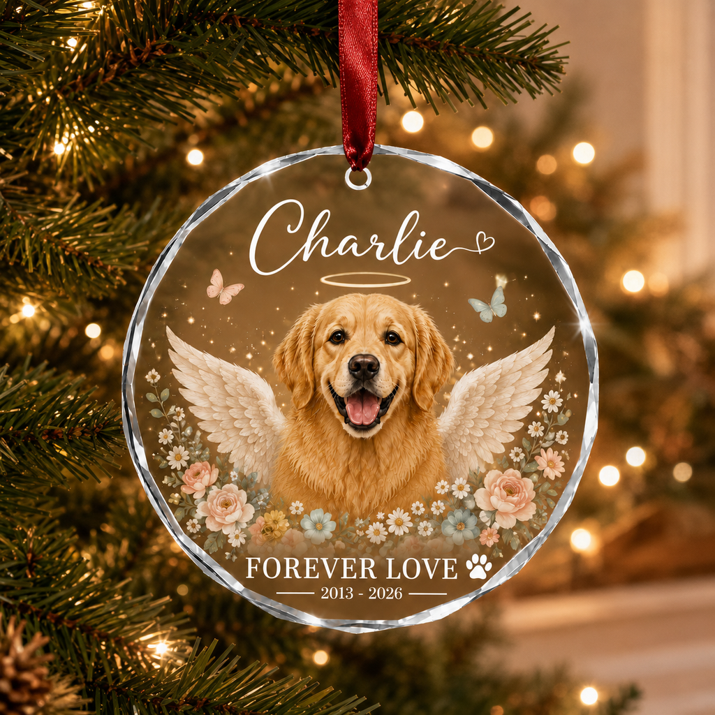 Personalized Pet Memorial Glass Ornament, Custom Dog Portrait Christmas Keepsake, Forever Loved Christmas Keepsake