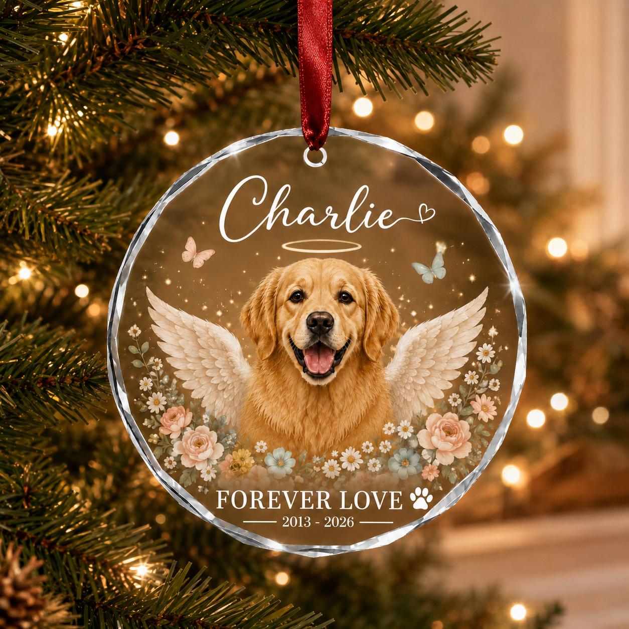 Personalized Pet Memorial Glass Ornament, Custom Dog Portrait Christmas Keepsake, Forever Loved Christmas Keepsake