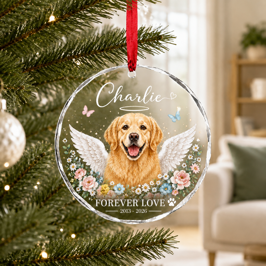 Personalized Pet Memorial Glass Ornament, Custom Dog Portrait Christmas Keepsake, Forever Loved Christmas Keepsake