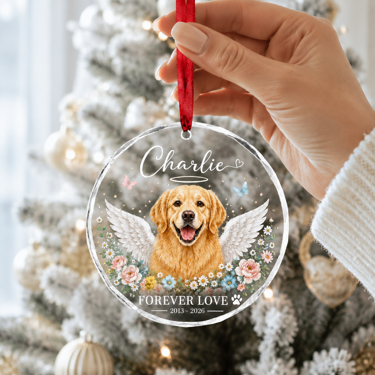 Personalized Pet Memorial Glass Ornament, Custom Dog Portrait Christmas Keepsake, Forever Loved Christmas Keepsake