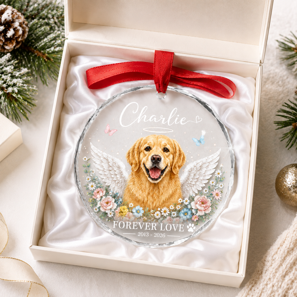 Personalized Pet Memorial Glass Ornament, Custom Dog Portrait Christmas Keepsake, Forever Loved Christmas Keepsake