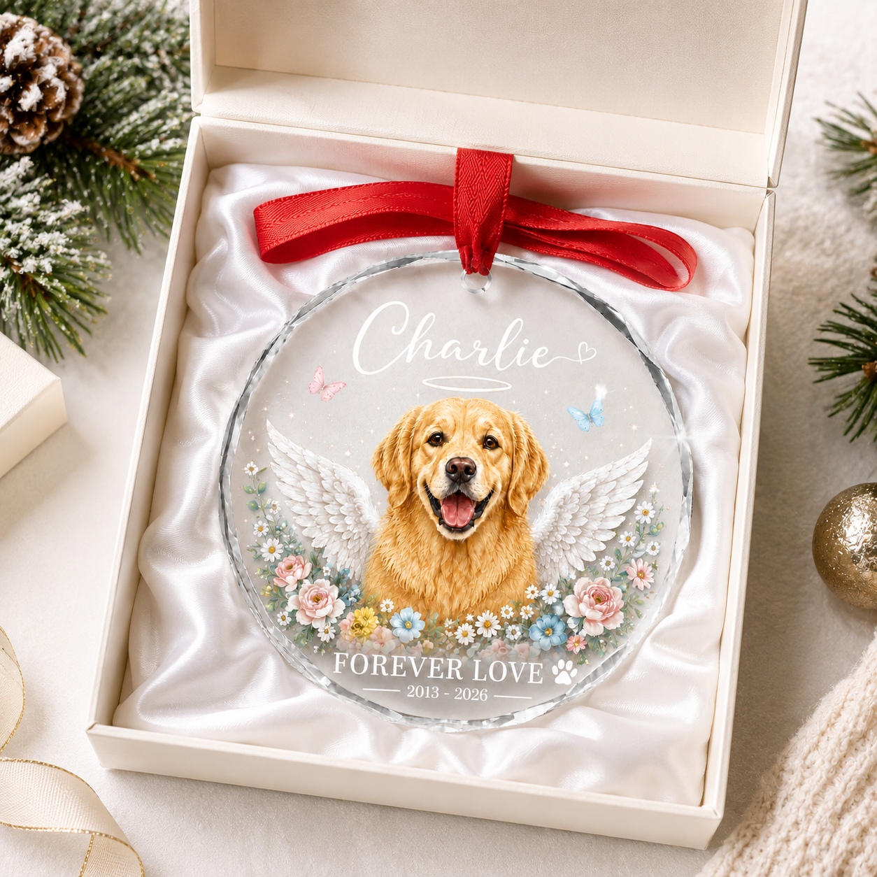 Personalized Pet Memorial Glass Ornament, Custom Dog Portrait Christmas Keepsake, Forever Loved Christmas Keepsake