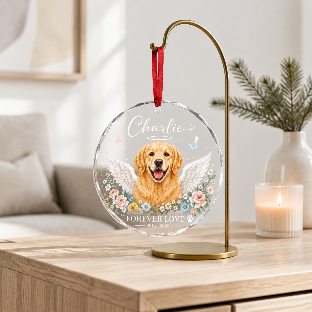 Personalized Pet Memorial Glass Ornament, Custom Dog Portrait Christmas Keepsake, Forever Loved Christmas Keepsake