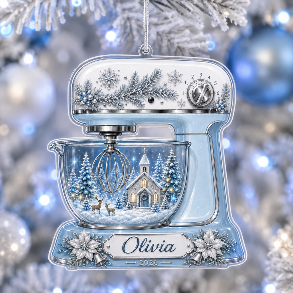 Personalized Blue Stand Mixer Acrylic Ornament – Custom Name & Year Christmas Baking Keepsake